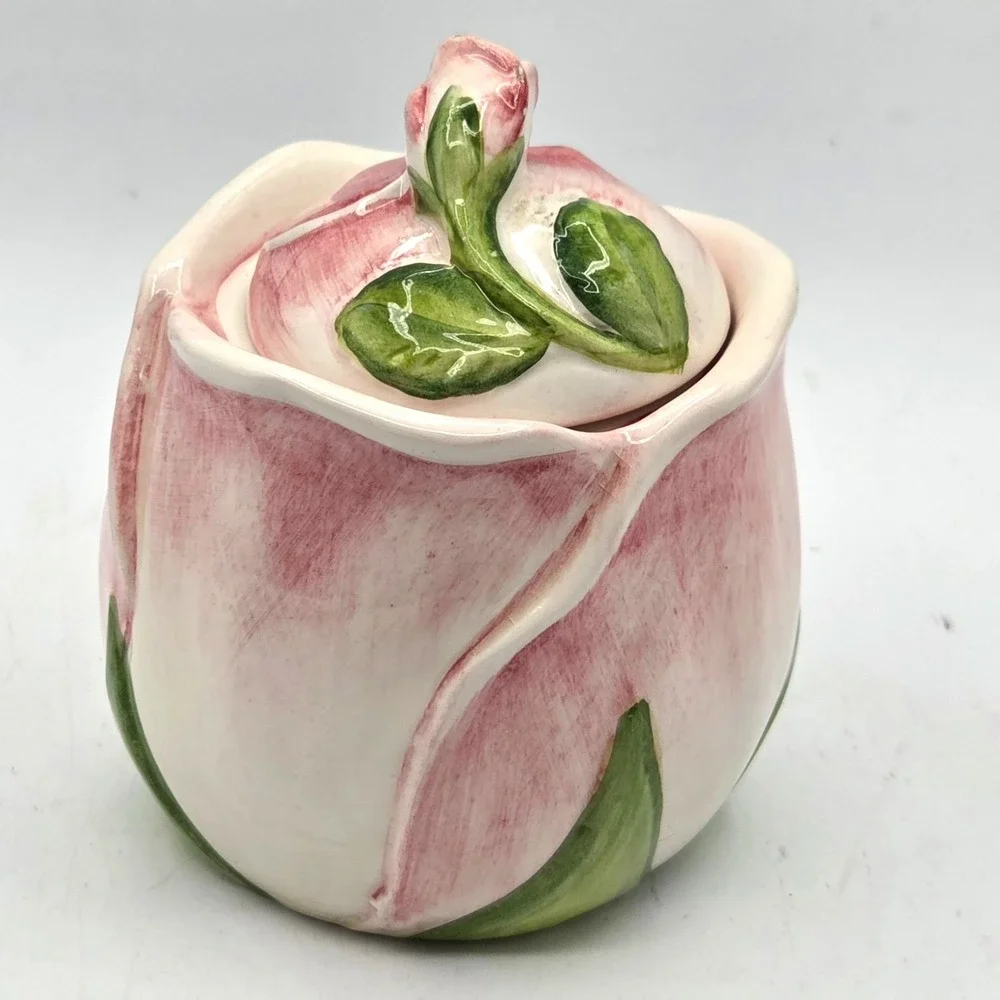 European Style Pink Rose Bud Shaped  Sugar Bowl with Lid Vintage